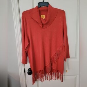 Women's Fringe Cowl Neck Sweater - Red